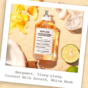 Nước Hoa Nữ Maison Margiela Replica Beach Walk EDT Chai nước hoa có hương thơm kết hợp giữa phong vị tươi mát và rạng rỡ của các nốt hương cam Bergamot, nước cốt dừa, chanh và hồ tiêu hồng.